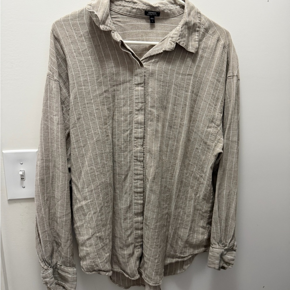 Express Boyfriend Portofino Shirt in Light Beige with White Pinstripes